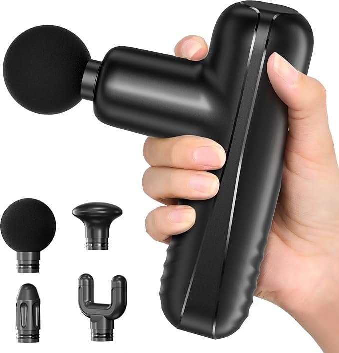 Well More Mini Massage Gun, Powerful Handheld Muscle Massager for Muscle Relaxation, Deep Tissue Percussion Small Massage Gun Travel Massager with 4 Massage Heads Silent Brushless Motor, Black