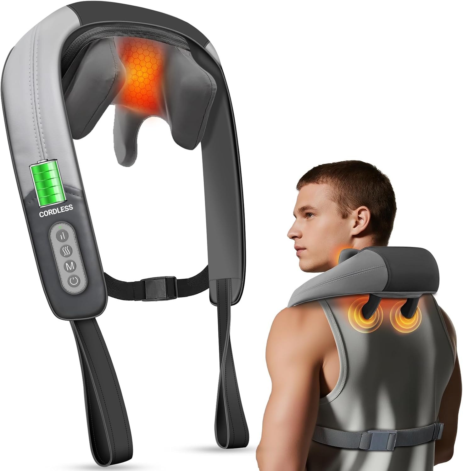 Well More Neck Shoulder Massager with Heat , 4D Expert Deep Tissue Kneading Massager, Rechargeable Massage for Neck, Shoulder, Traps and Back Pain Relief